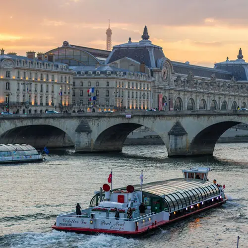 A boat at the Pont Royal Bridge in Paris, France