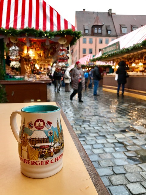 a coffee mug placed on a table in the market